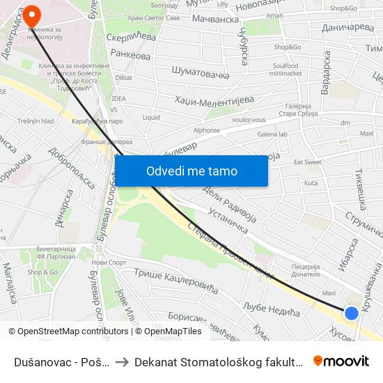 Dušanovac - Pošta to Dekanat Stomatološkog fakulteta map