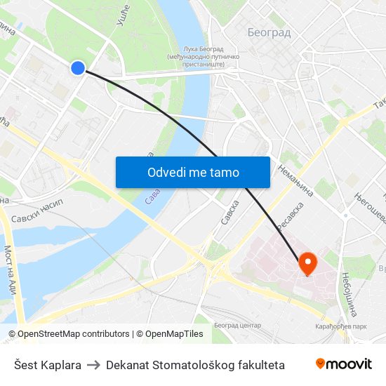 Šest Kaplara to Dekanat Stomatološkog fakulteta map