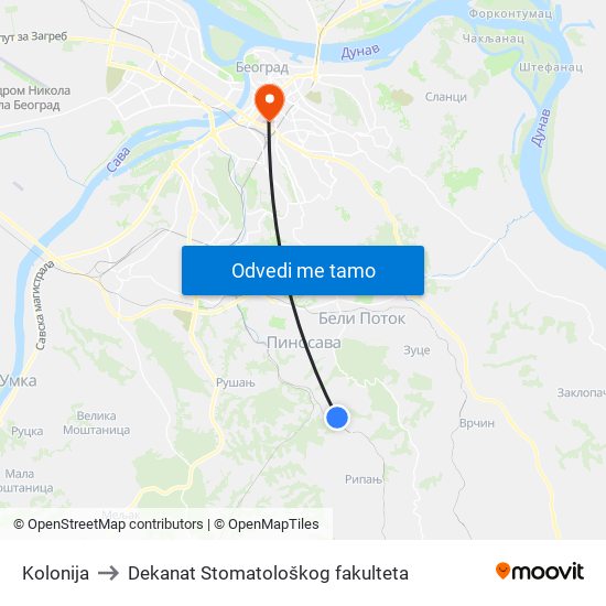 Kolonija to Dekanat Stomatološkog fakulteta map