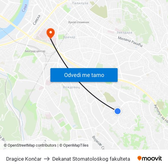 Dragice Končar to Dekanat Stomatološkog fakulteta map