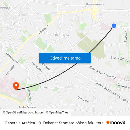 Generala Aračića to Dekanat Stomatološkog fakulteta map