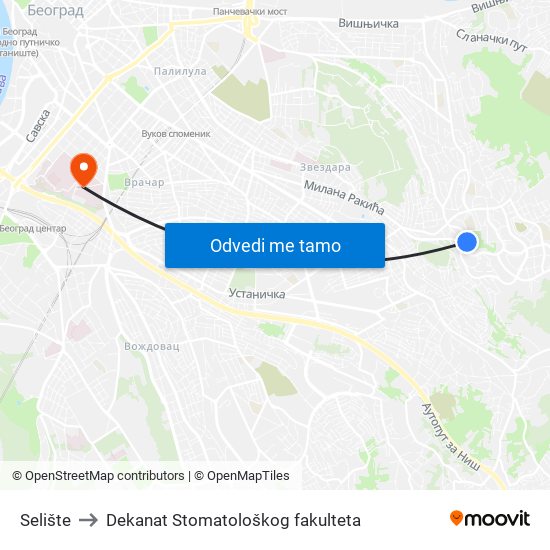 Selište to Dekanat Stomatološkog fakulteta map