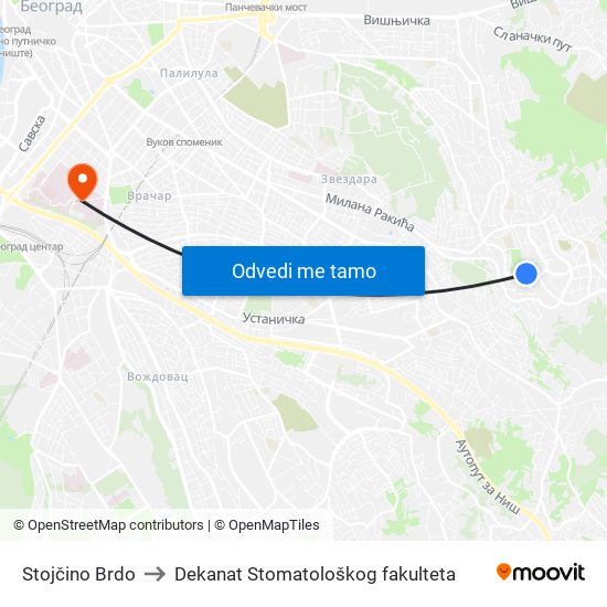 Stojčino Brdo to Dekanat Stomatološkog fakulteta map