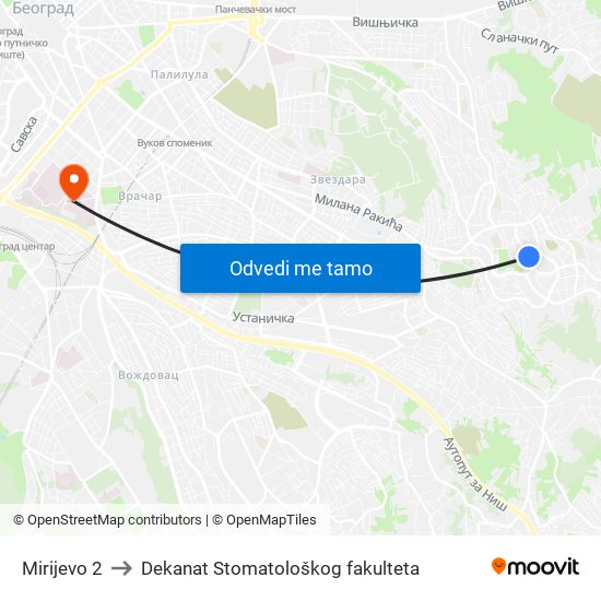 Mirijevo 2 to Dekanat Stomatološkog fakulteta map