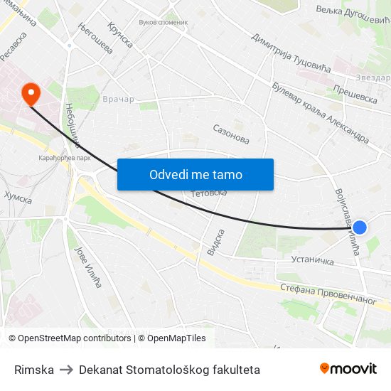 Rimska to Dekanat Stomatološkog fakulteta map