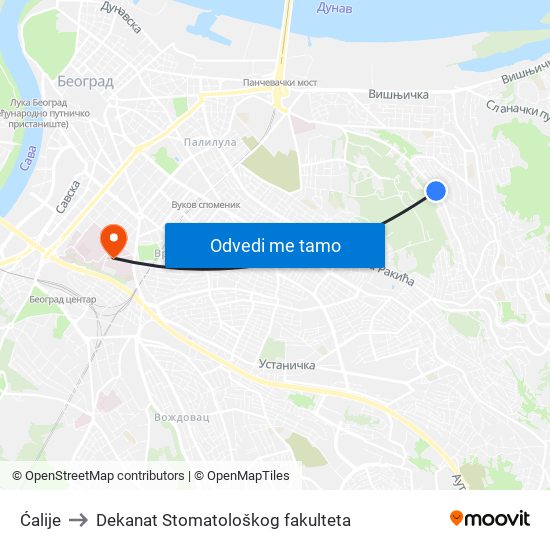 Ćalije to Dekanat Stomatološkog fakulteta map