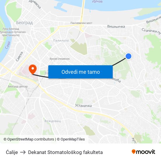 Ćalije to Dekanat Stomatološkog fakulteta map