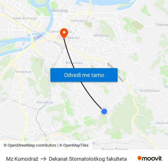 Mz Kumodraž to Dekanat Stomatološkog fakulteta map