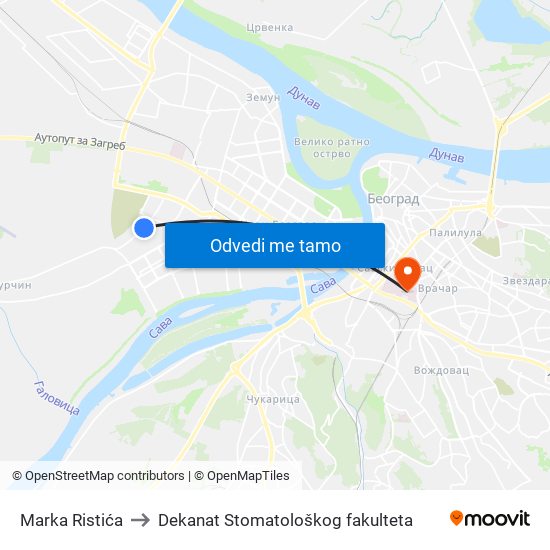 Marka Ristića to Dekanat Stomatološkog fakulteta map