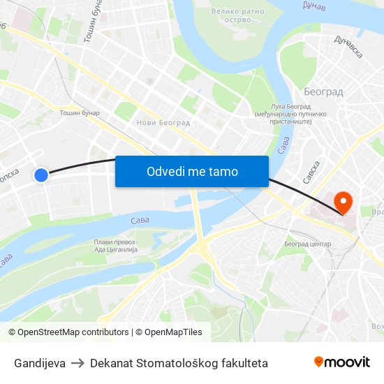 Gandijeva to Dekanat Stomatološkog fakulteta map