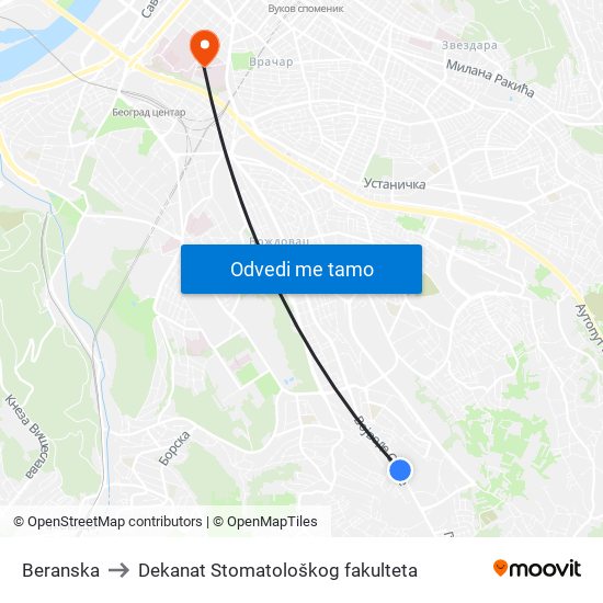 Beranska to Dekanat Stomatološkog fakulteta map