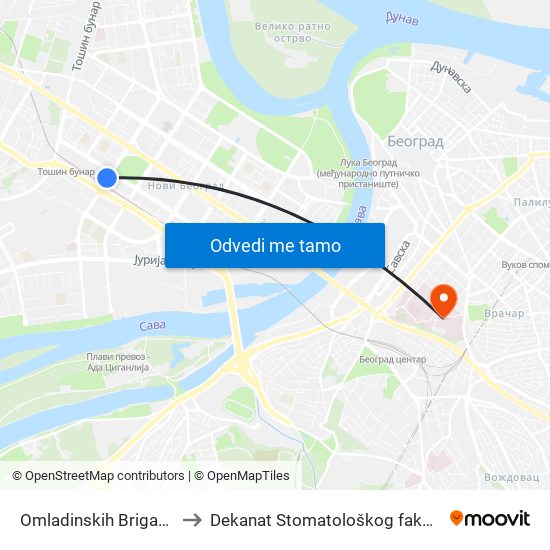 Omladinskih Brigada 1 to Dekanat Stomatološkog fakulteta map