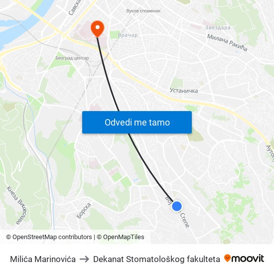 Milića Marinovića to Dekanat Stomatološkog fakulteta map