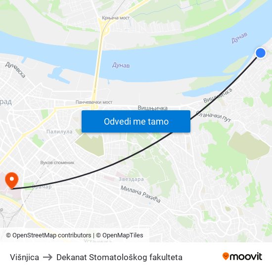 Višnjica to Dekanat Stomatološkog fakulteta map