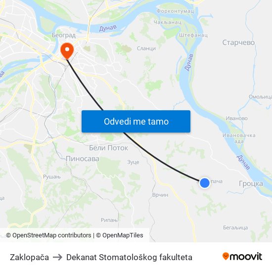 Zaklopača to Dekanat Stomatološkog fakulteta map