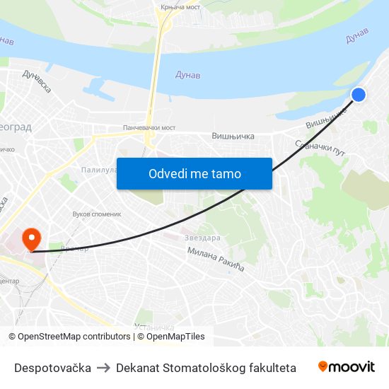 Despotovačka to Dekanat Stomatološkog fakulteta map