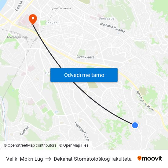 Veliki Mokri Lug to Dekanat Stomatološkog fakulteta map