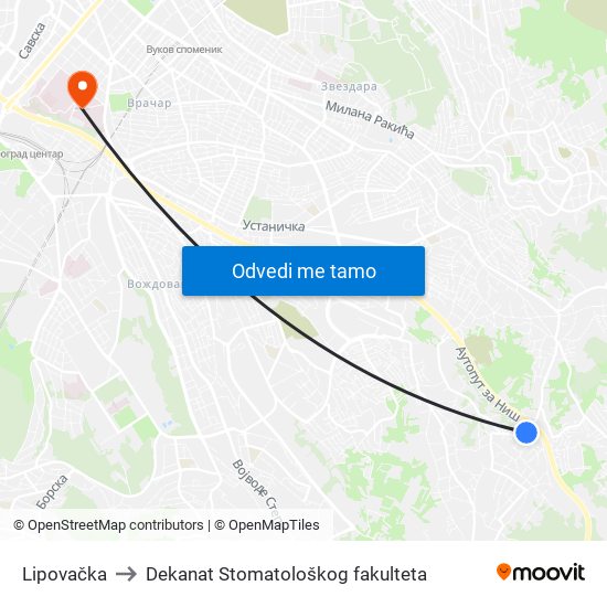 Lipovačka to Dekanat Stomatološkog fakulteta map