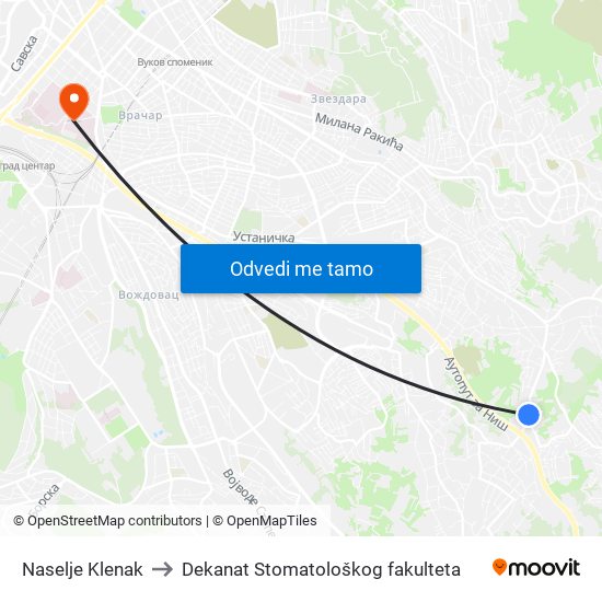 Naselje Klenak to Dekanat Stomatološkog fakulteta map