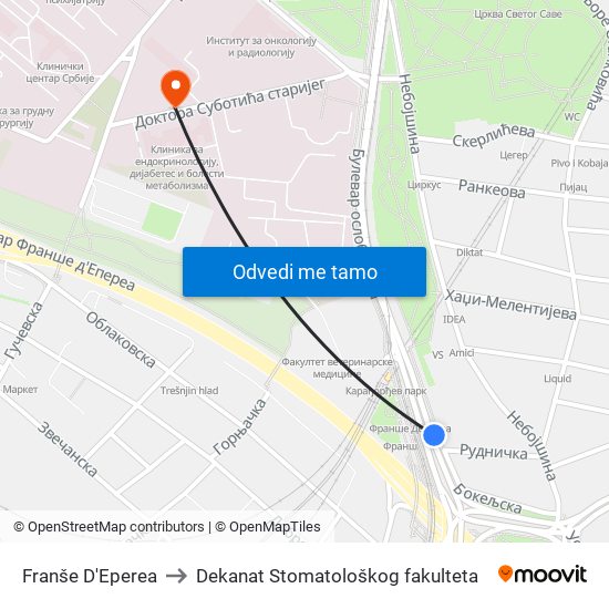 Franše D'Eperea to Dekanat Stomatološkog fakulteta map