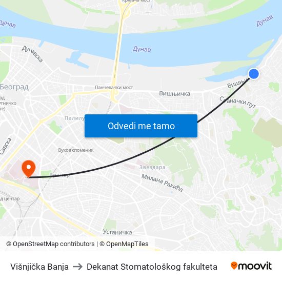 Višnjička Banja to Dekanat Stomatološkog fakulteta map