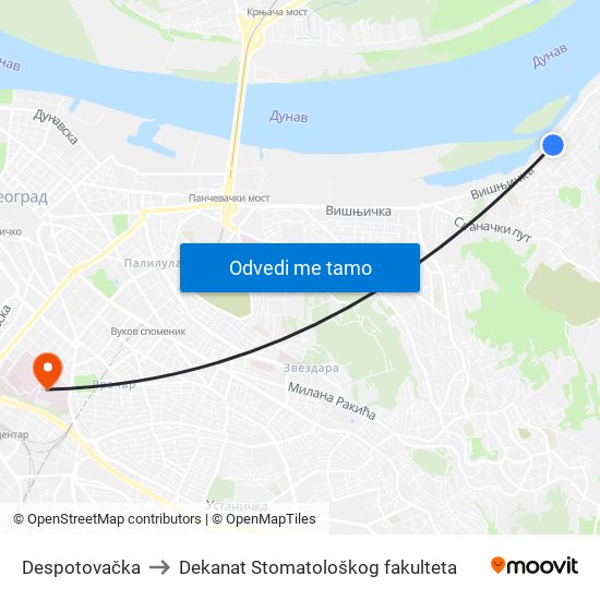 Despotovačka to Dekanat Stomatološkog fakulteta map