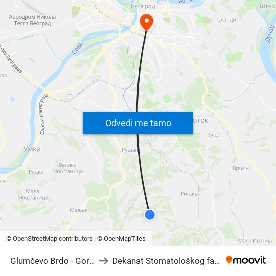 Glumčevo Brdo - Gorčinac to Dekanat Stomatološkog fakulteta map