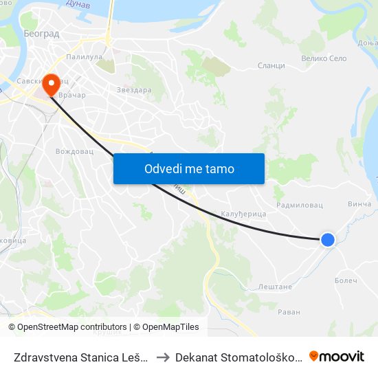 Zdravstvena Stanica Leštane I Vinča to Dekanat Stomatološkog fakulteta map