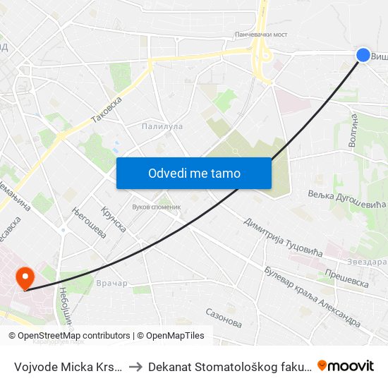 Vojvode Micka Krstića to Dekanat Stomatološkog fakulteta map