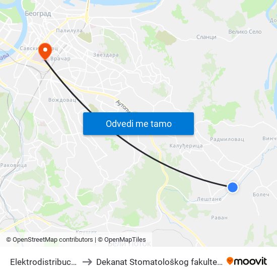 Elektrodistribucija to Dekanat Stomatološkog fakulteta map