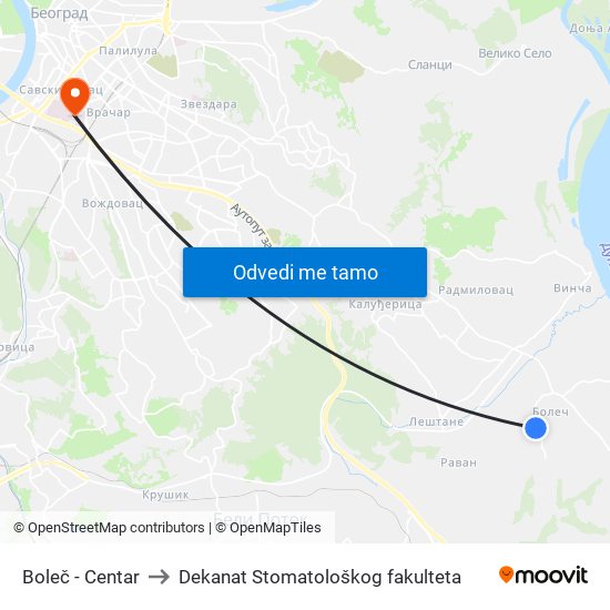 Boleč - Centar to Dekanat Stomatološkog fakulteta map