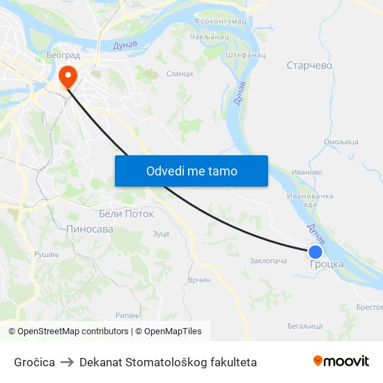 Gročica to Dekanat Stomatološkog fakulteta map