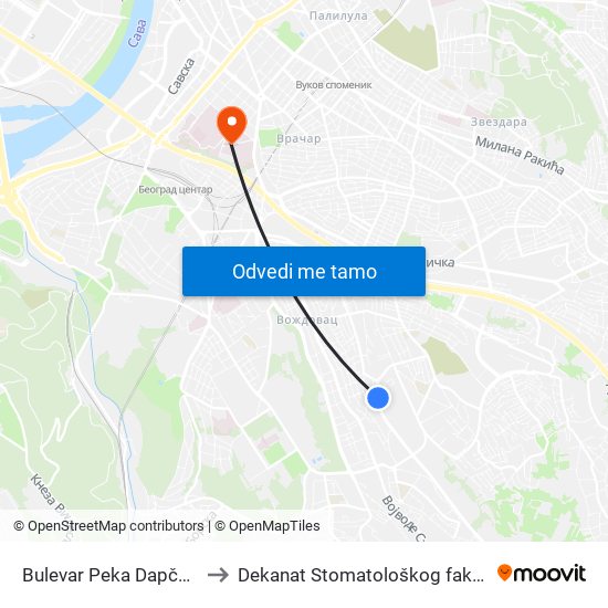 Bulevar Peka Dapčevića to Dekanat Stomatološkog fakulteta map