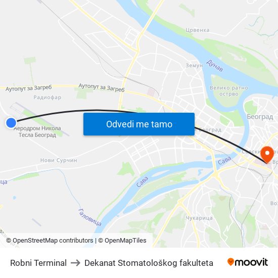 Robni Terminal to Dekanat Stomatološkog fakulteta map