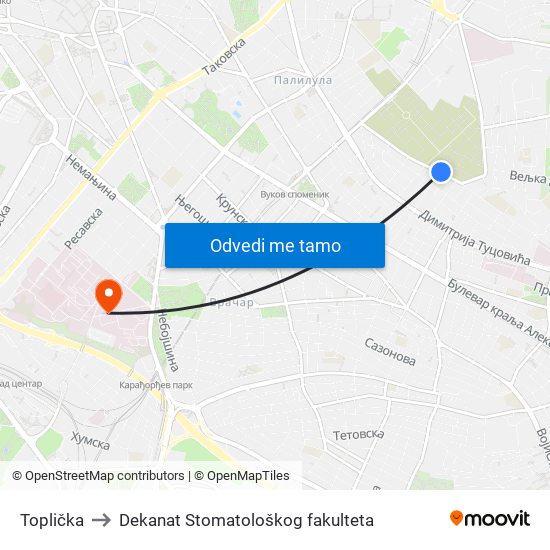 Toplička to Dekanat Stomatološkog fakulteta map