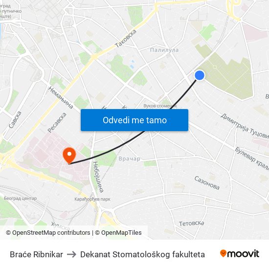 Braće Ribnikar to Dekanat Stomatološkog fakulteta map