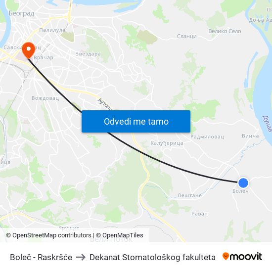 Boleč - Raskršće to Dekanat Stomatološkog fakulteta map