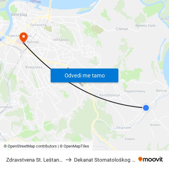 Zdravstvena St. Leštane I Vinča to Dekanat Stomatološkog fakulteta map