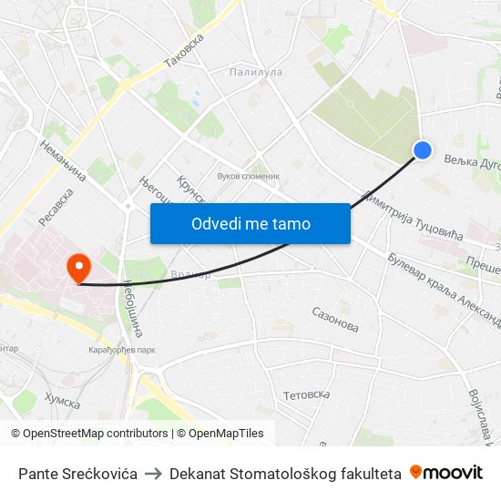 Pante Srećkovića to Dekanat Stomatološkog fakulteta map