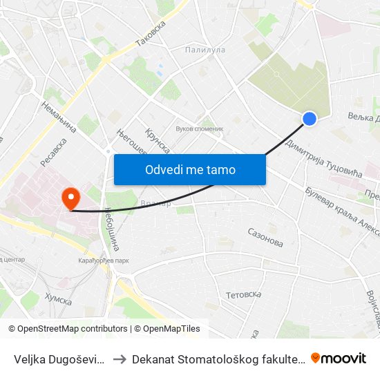 Veljka Dugoševića to Dekanat Stomatološkog fakulteta map