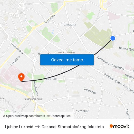 Ljubice Luković to Dekanat Stomatološkog fakulteta map