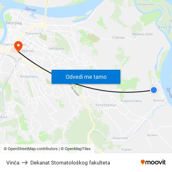 Vinča to Dekanat Stomatološkog fakulteta map