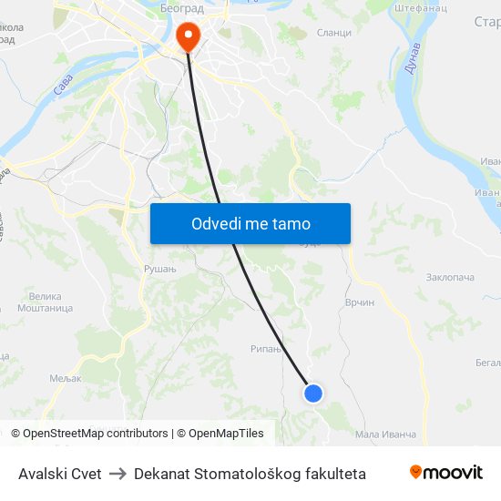 Avalski Cvet to Dekanat Stomatološkog fakulteta map
