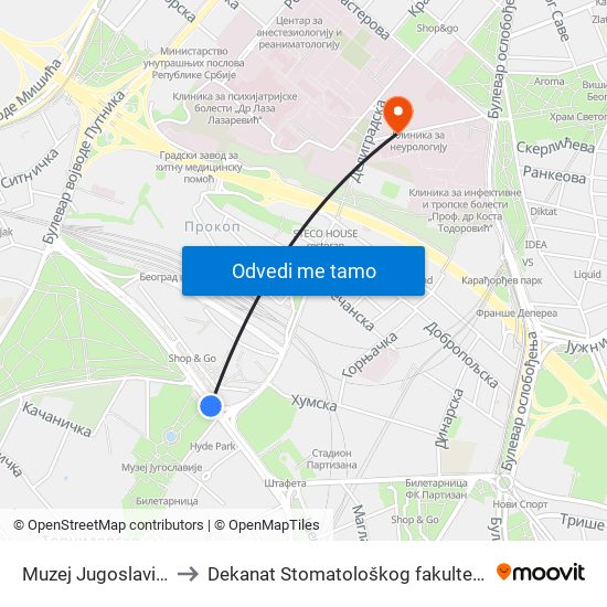 Muzej Jugoslavije to Dekanat Stomatološkog fakulteta map