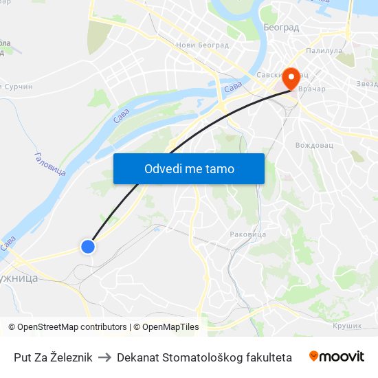 Put Za Železnik to Dekanat Stomatološkog fakulteta map