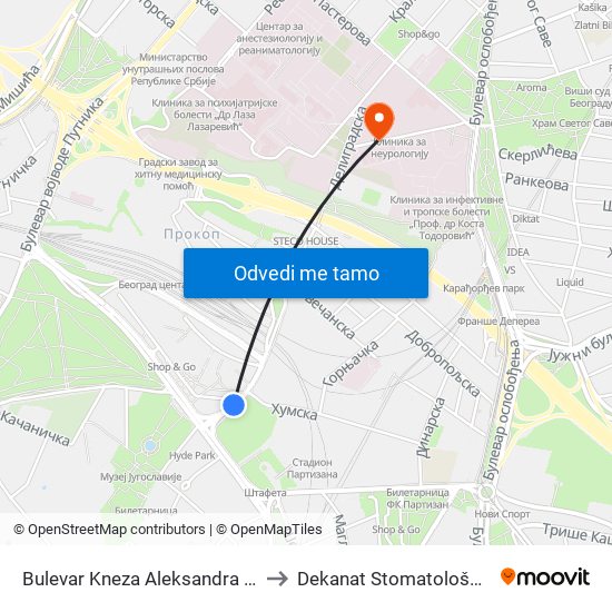 Bulevar Kneza Aleksandra Karađorđevića to Dekanat Stomatološkog fakulteta map