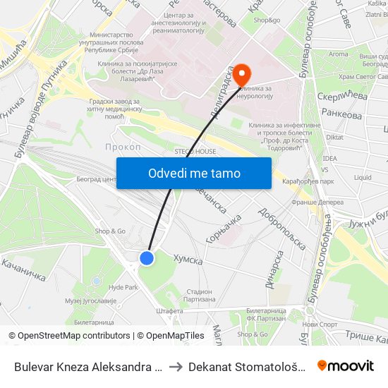 Bulevar Kneza Aleksandra Karađorđevića to Dekanat Stomatološkog fakulteta map