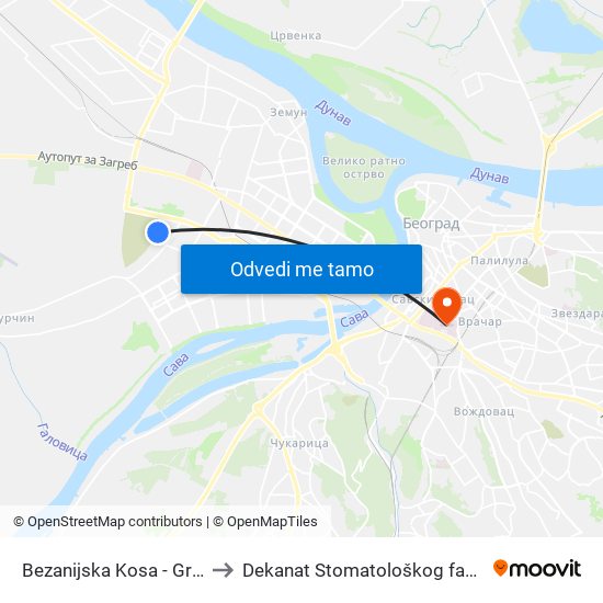 Bezanijska Kosa - Groblje to Dekanat Stomatološkog fakulteta map