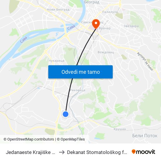 Jedanaeste Krajiške Divizije to Dekanat Stomatološkog fakulteta map