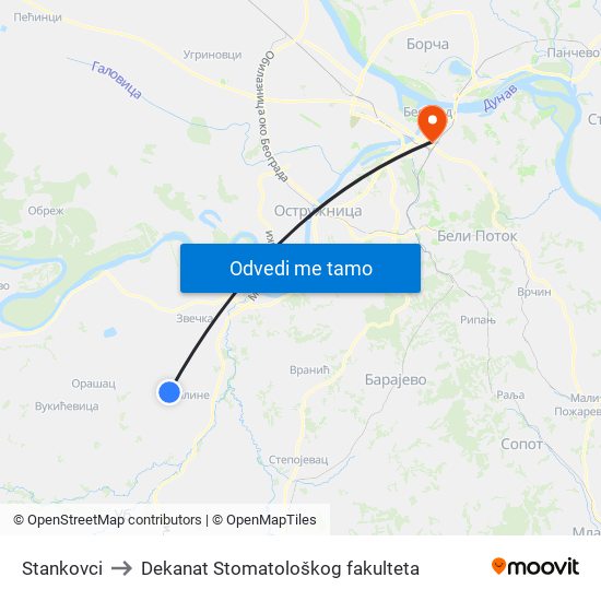 Stankovci to Dekanat Stomatološkog fakulteta map